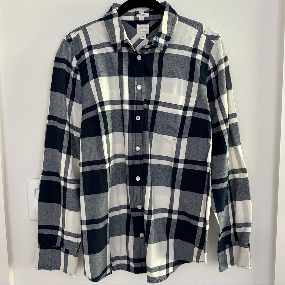 J. Crew Women's Navy and White Plaid Flannel Button Down Shirt